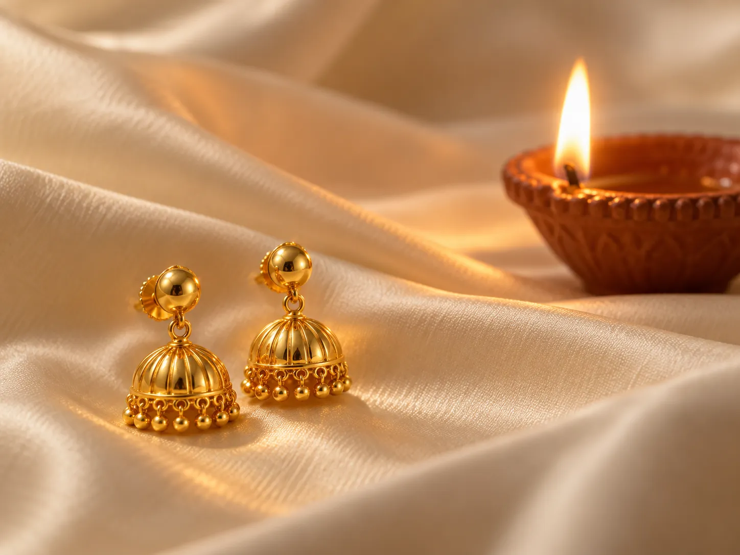 Gold jhumka earrings beside a lit diya on ivory silk