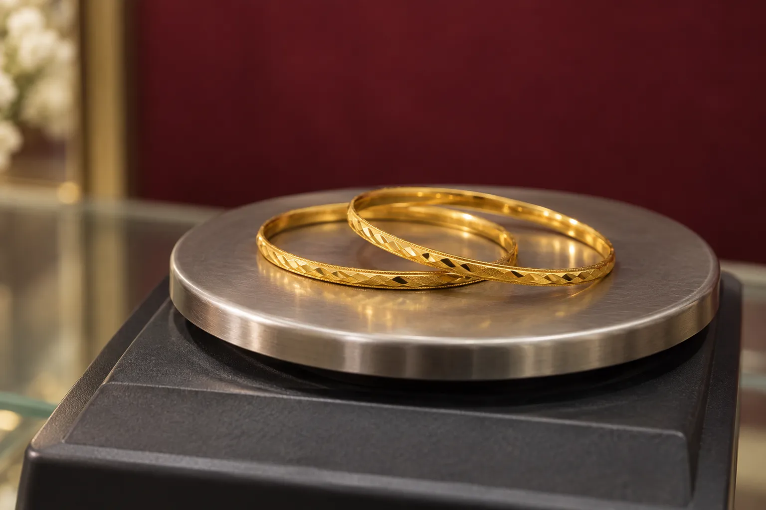 Two 22K gold bangles on a jeweller's scale