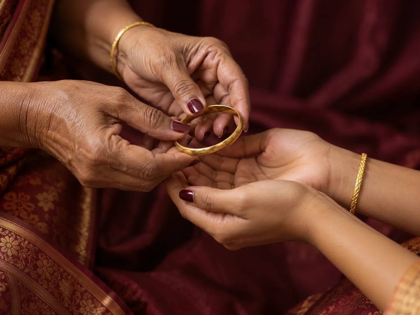 An older woman placing a worn gold bangle into a younger woman’s hands