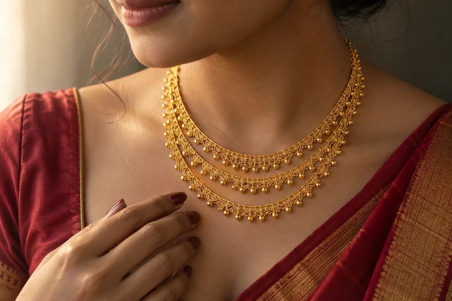 A bride in a red silk saree wearing a three-layer 22K gold necklace
