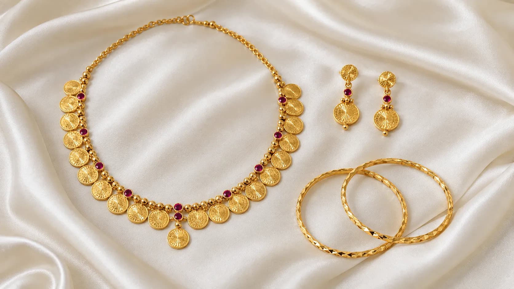 A 22K gold bridal set on ivory silk: a coin necklace with small red stones, matching earrings and two bangles