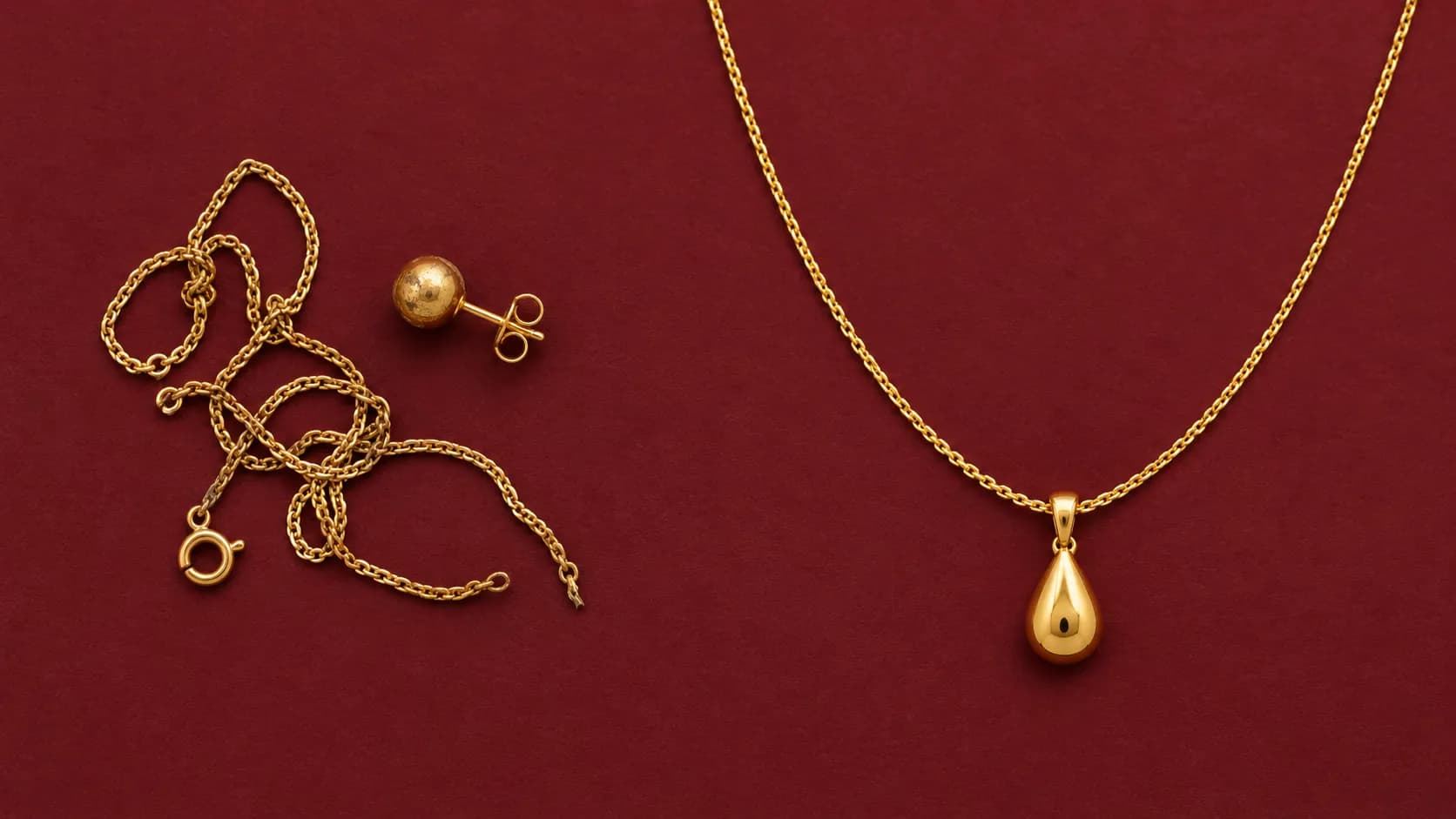 Before and after: a broken gold chain and a single stud earring, beside a new gold teardrop pendant on a fine chain
