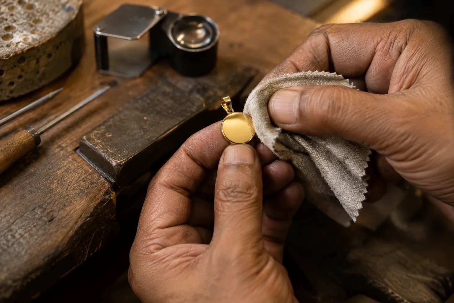 A goldsmith polishing a small round gold pendant at a wooden workbench