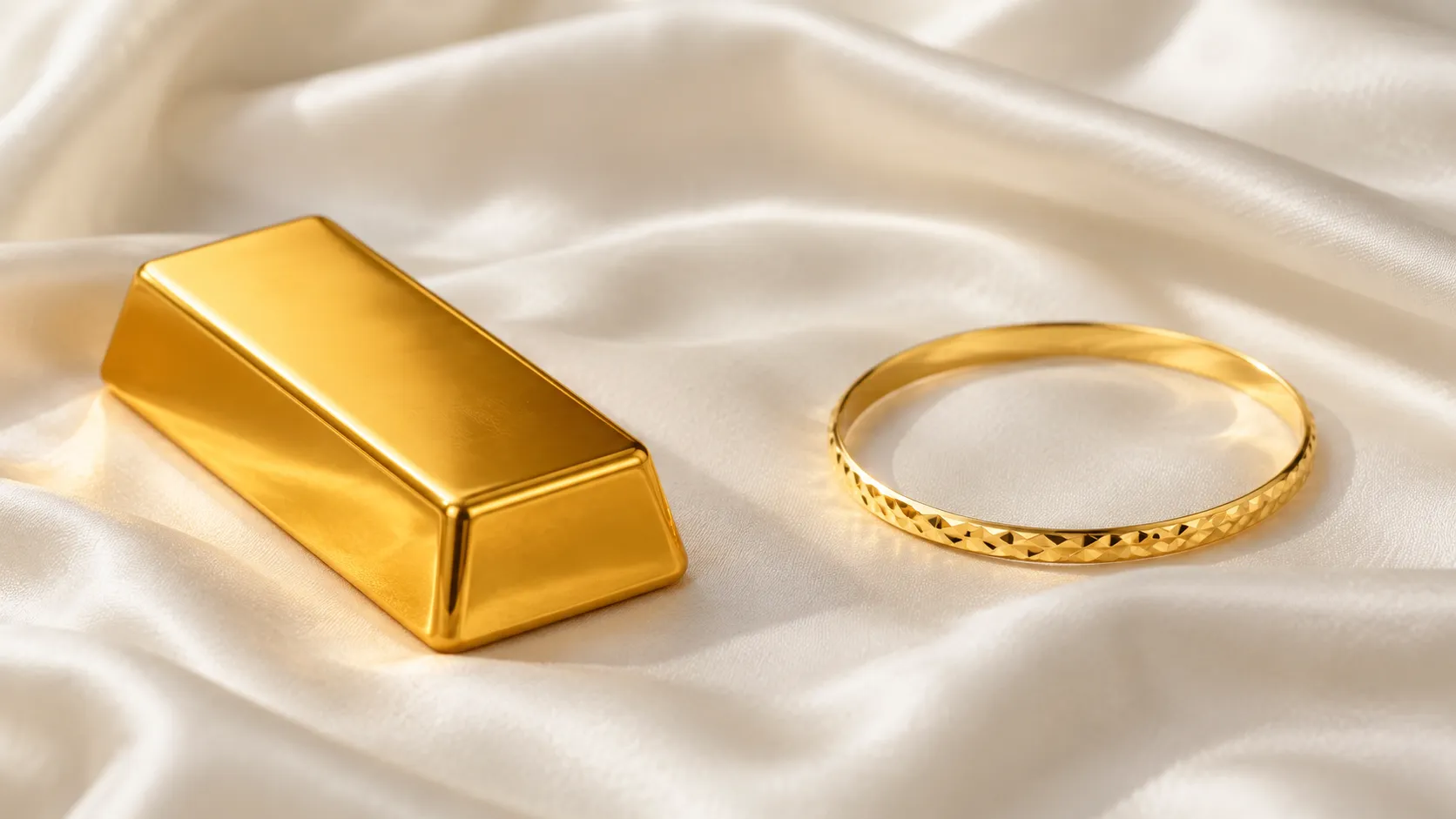 A plain 24K gold bar beside a slim 22K gold bangle on ivory silk
