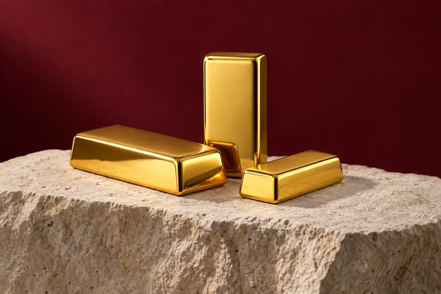 Three plain 24K gold bars on a stone block against a burgundy background