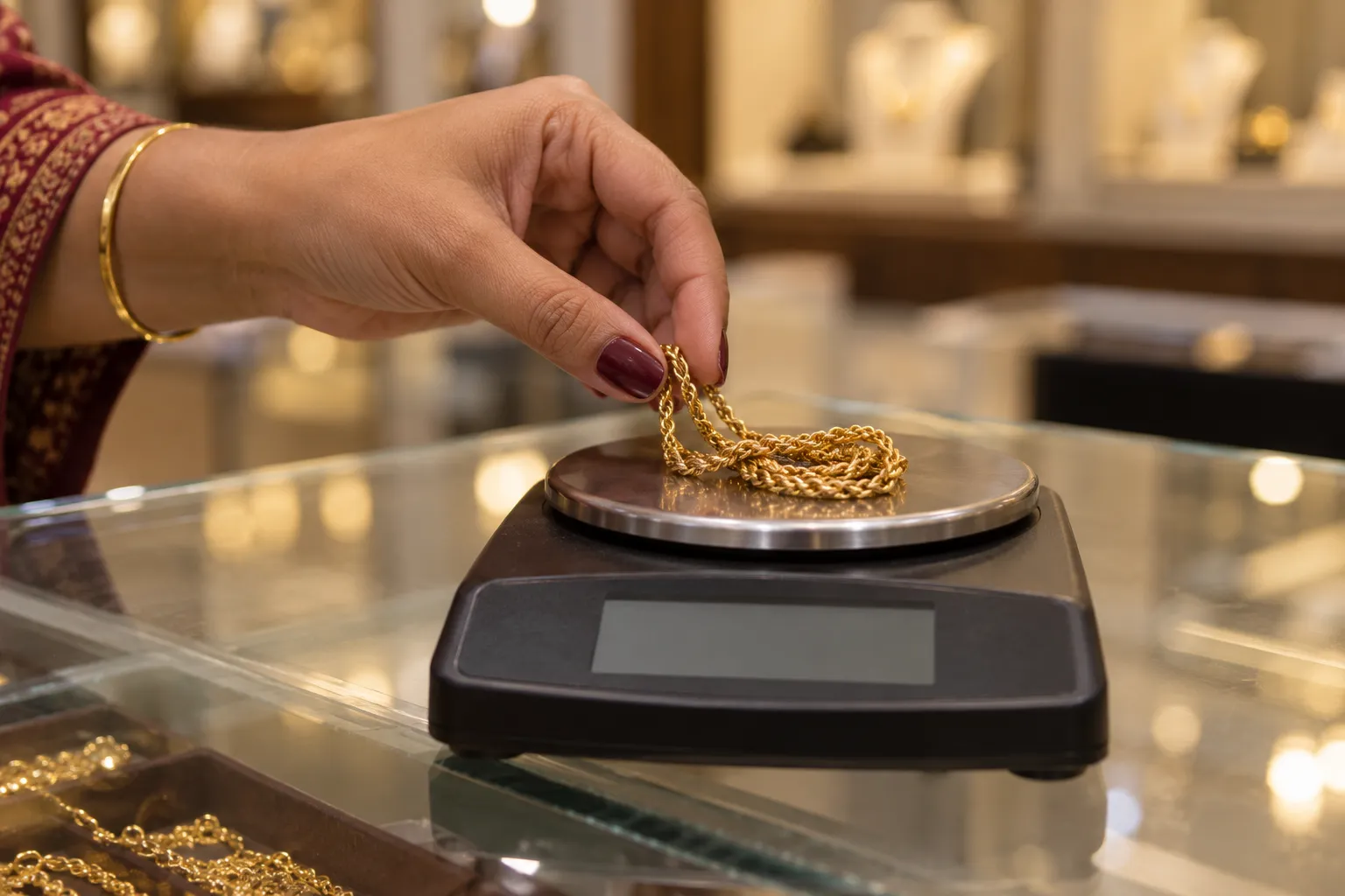 A gold rope chain being placed on a jeweller’s scale on a glass counter