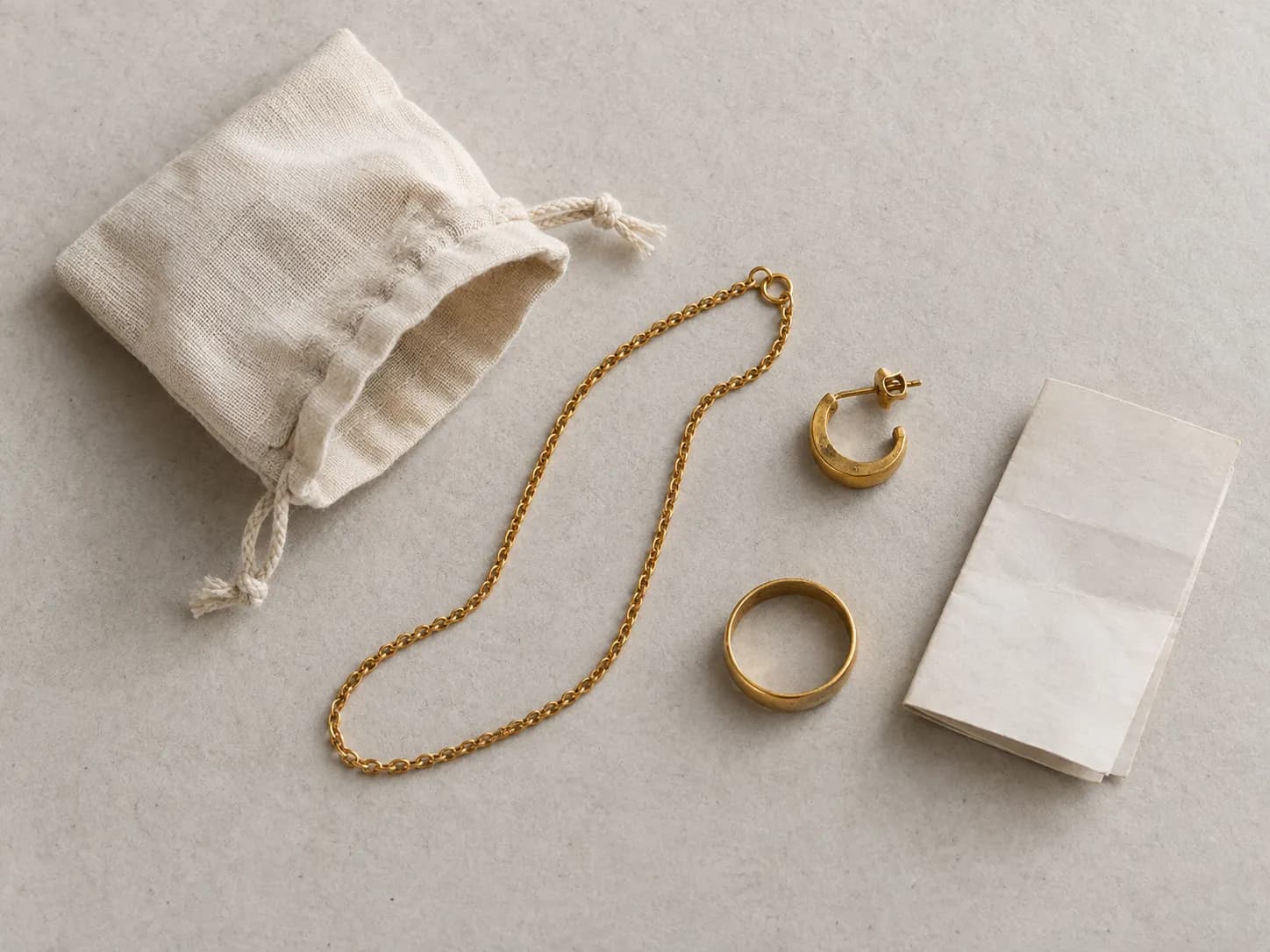 Old gold jewellery to sell: a chain, a hoop earring and a ring beside a cloth pouch and a folded receipt