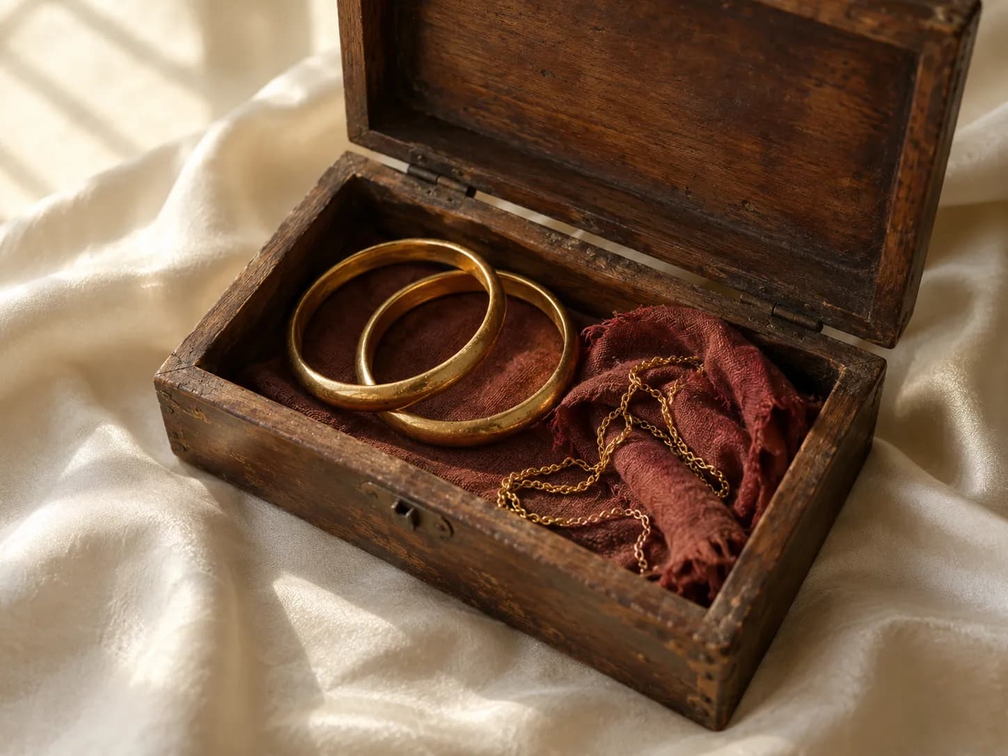 Two family gold bangles and a fine chain in an old wooden jewellery box