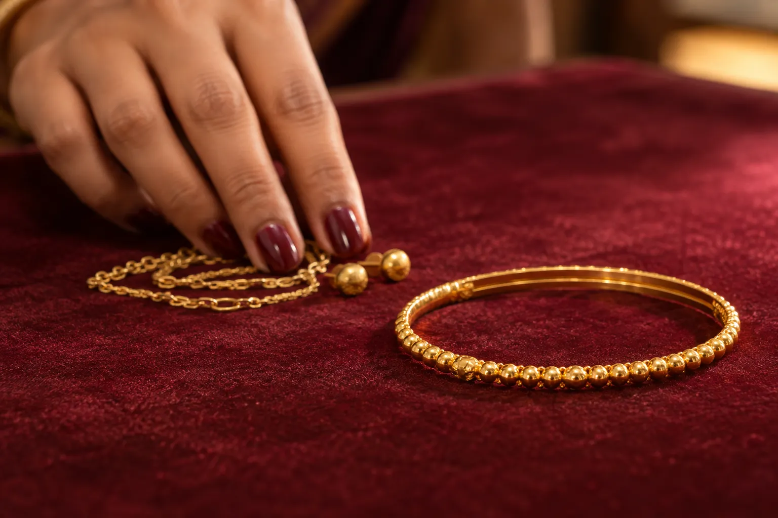 Old gold earrings and a chain set beside a new gold bangle on burgundy velvet