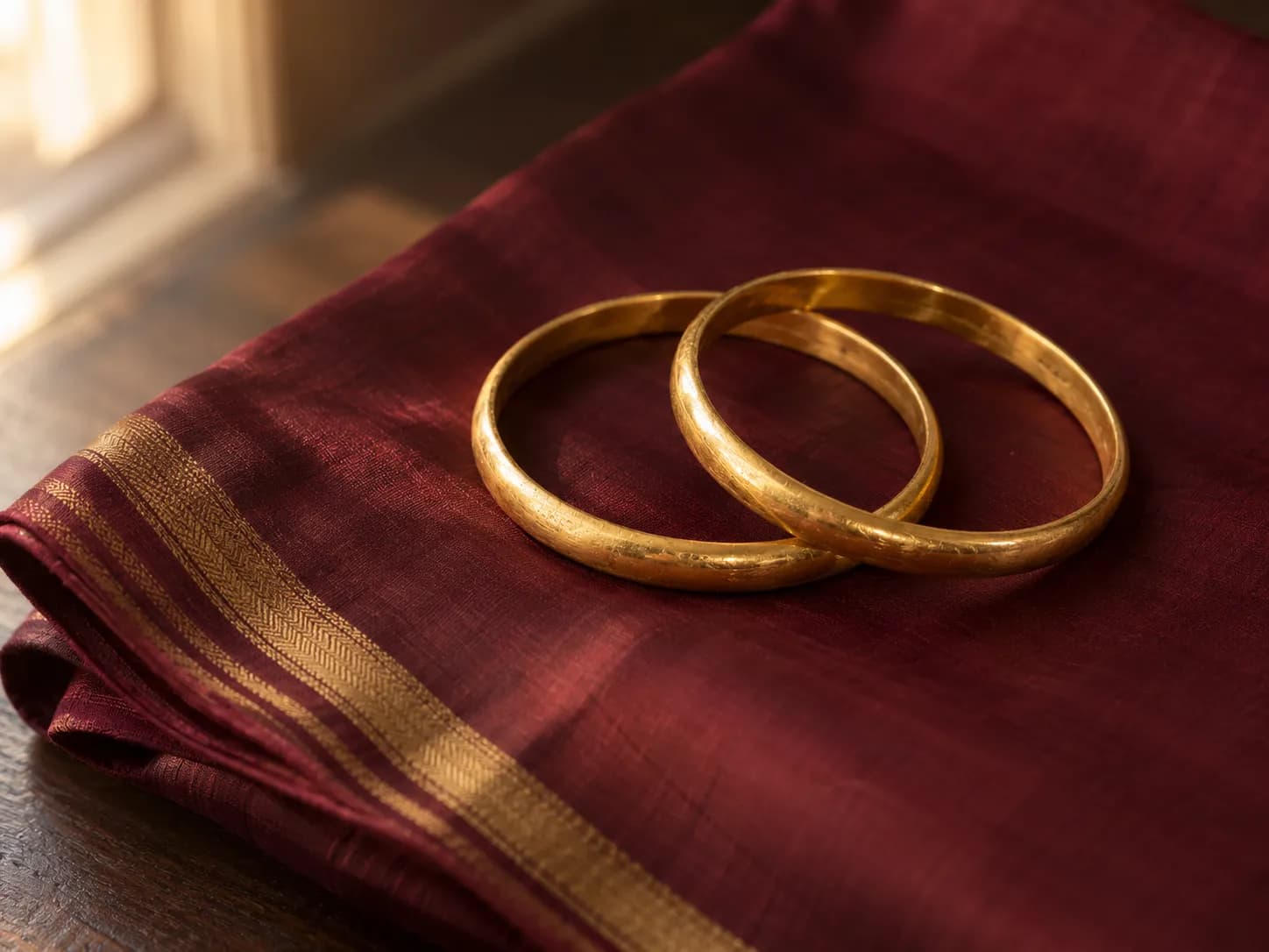 Two worn family gold bangles on a folded burgundy silk saree