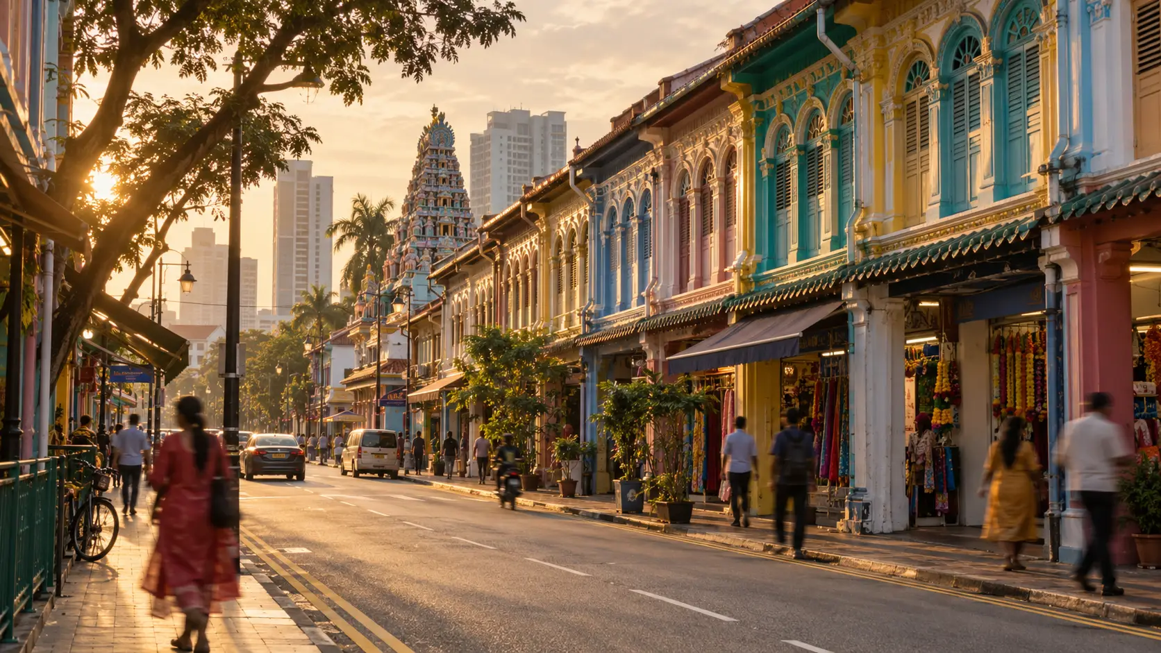 Shophouses and a temple tower on a street in Little India at golden hour