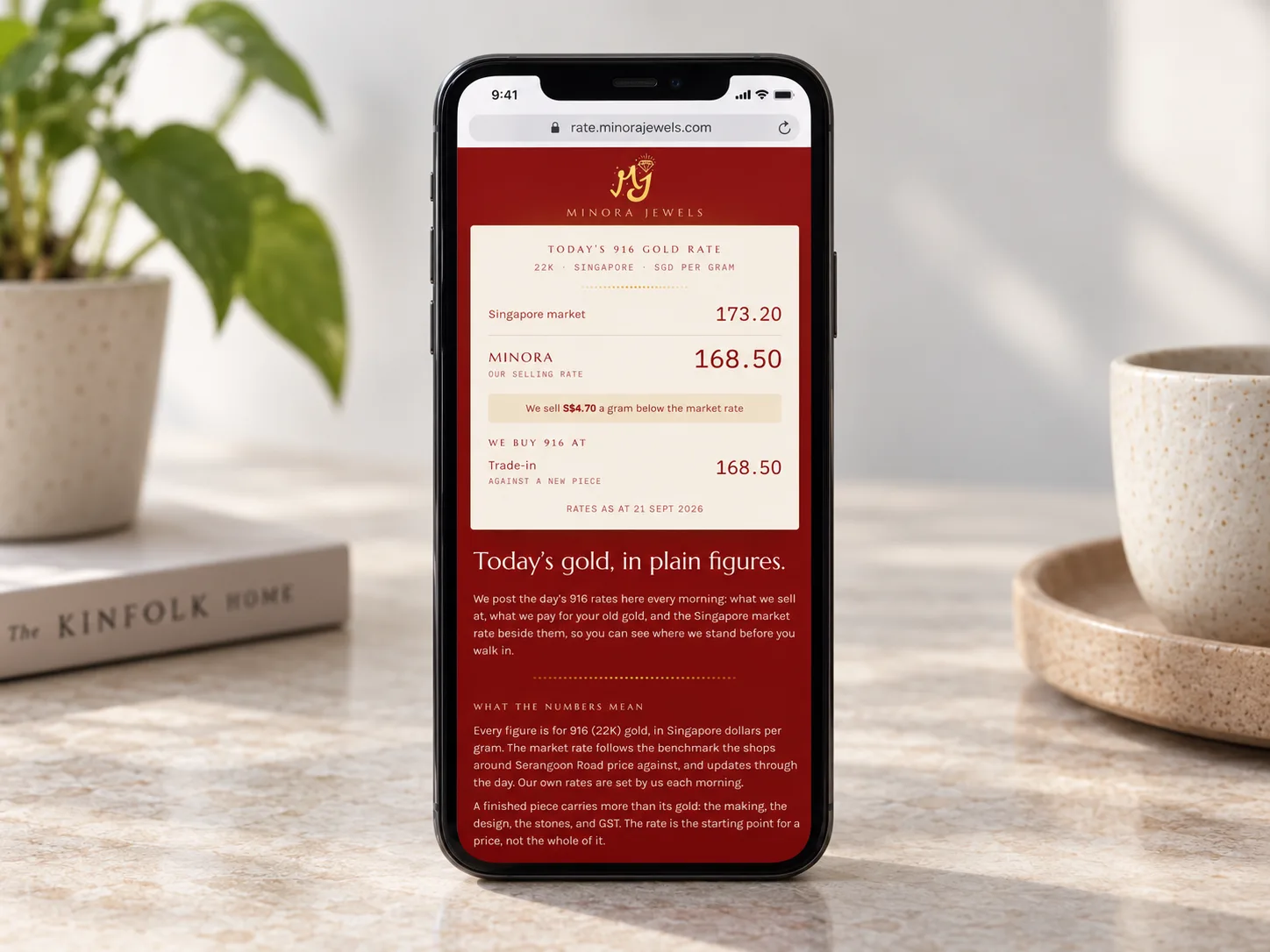 Minora Jewels’ live rate board at rate.minorajewels.com, open on a phone