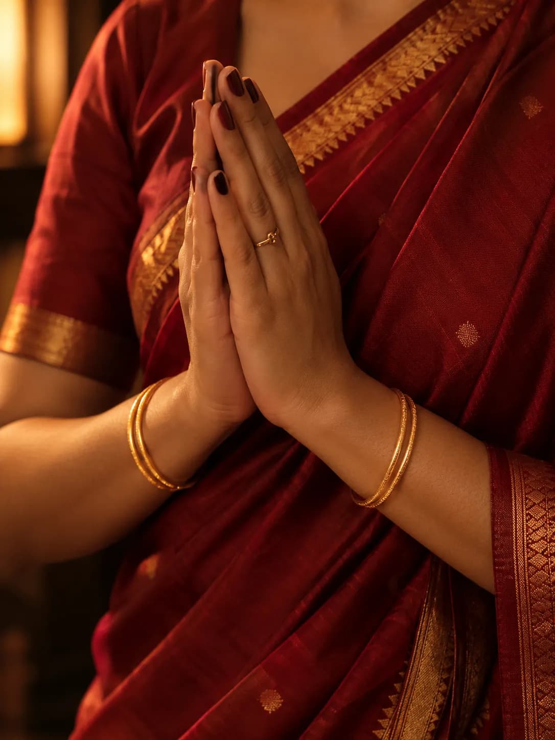 Hands joined in greeting, wearing gold bangles and a gold ring, against a red silk saree