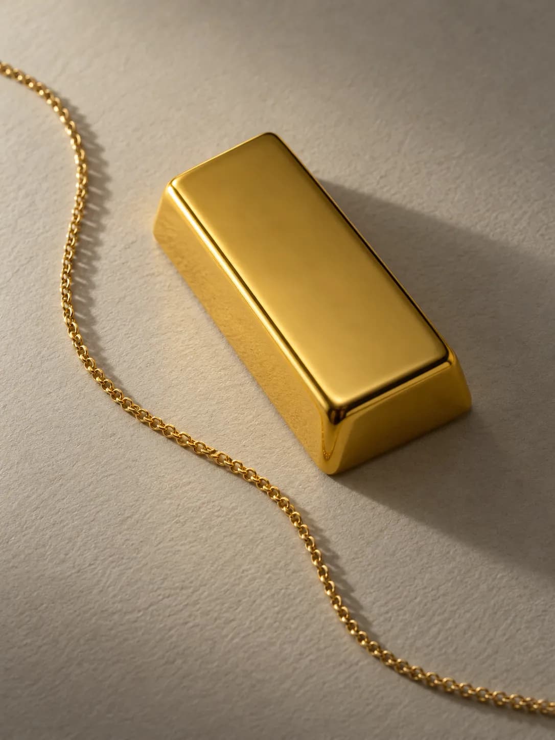 A plain gold bar beside a fine gold chain on grey paper