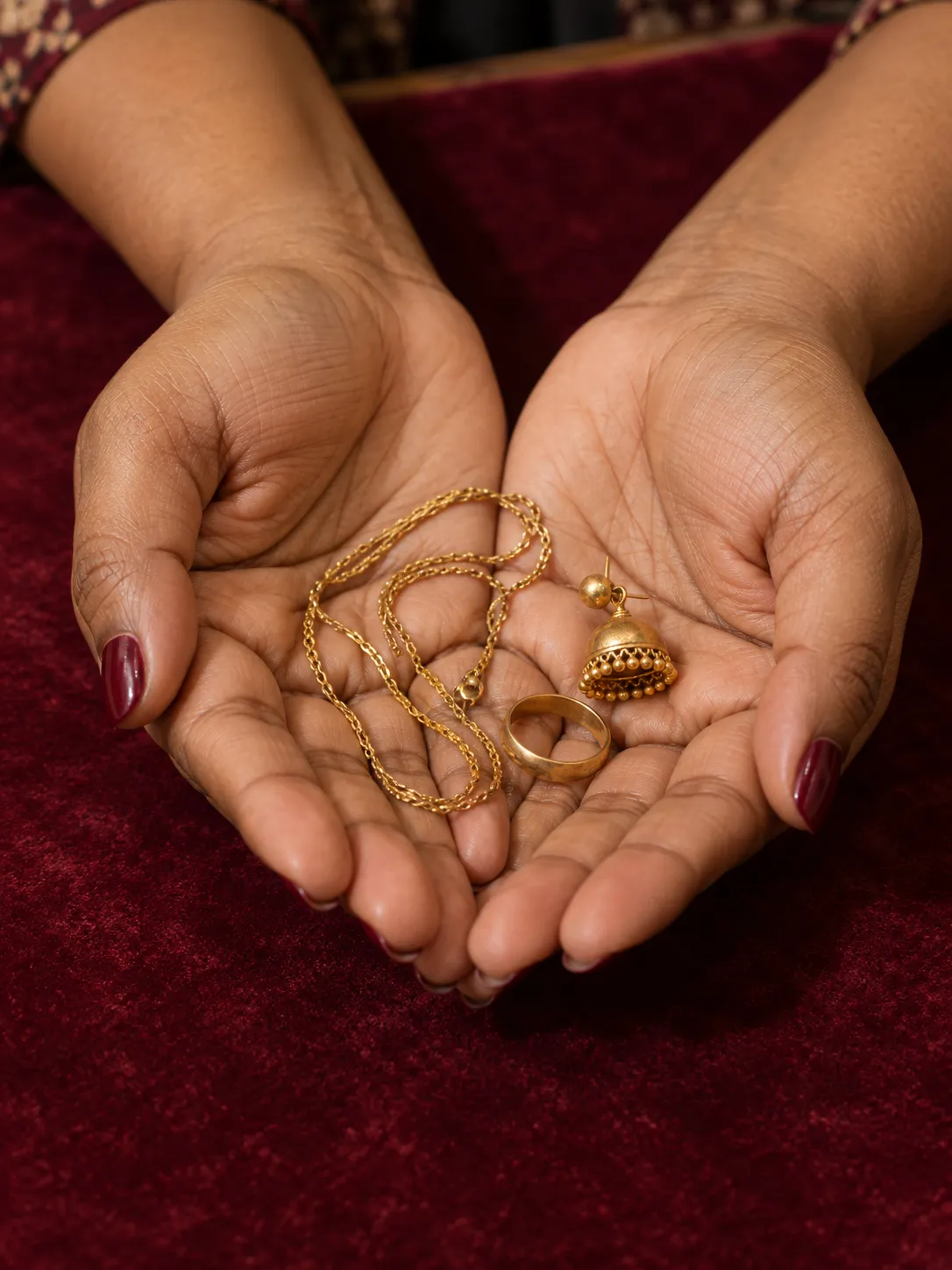 Old gold jewellery held in cupped hands: a chain, a single jhumka and a worn ring